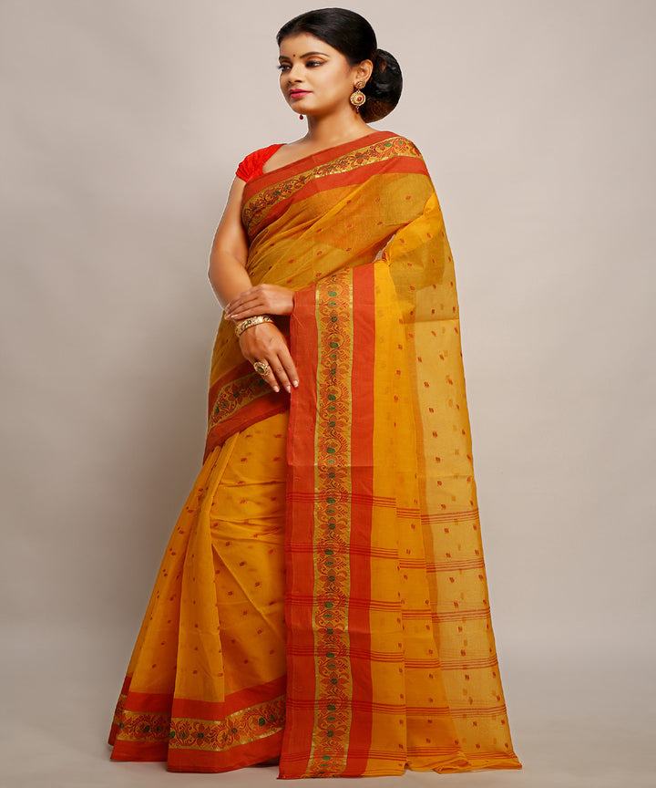 Yellow orange handwoven tangail tant cotton bengal saree