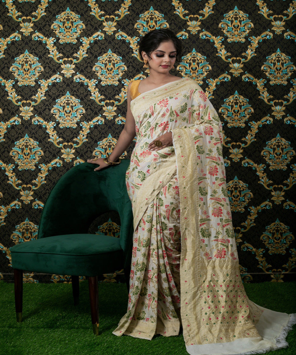 Beige multicolor handloom silk fekua jaal meena work banarasi saree