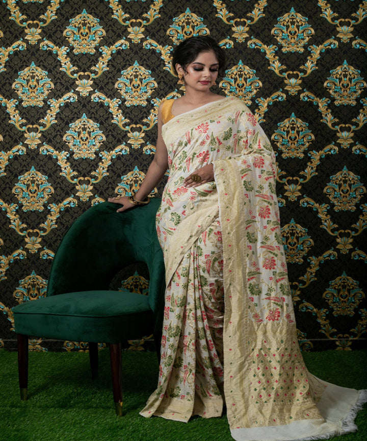 Beige multicolor handloom silk fekua jaal meena work banarasi saree