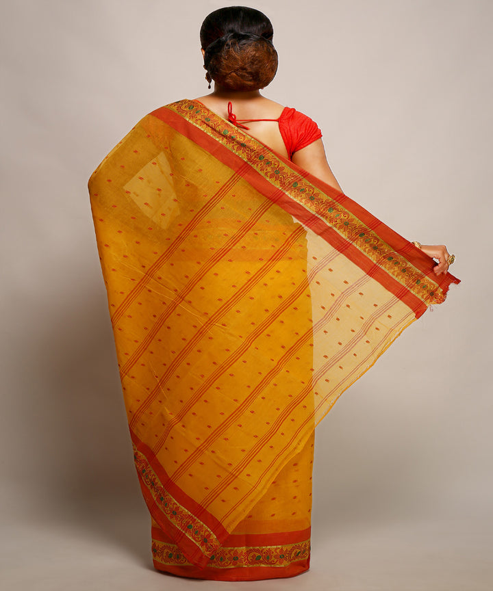 Yellow orange handwoven tangail tant cotton bengal saree