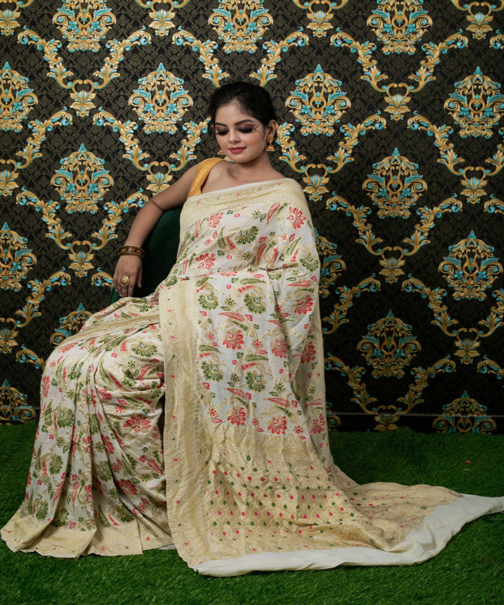 Beige multicolor handloom silk fekua jaal meena work banarasi saree