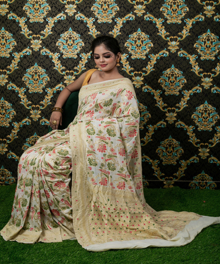 Beige multicolor handloom silk fekua jaal meena work banarasi saree
