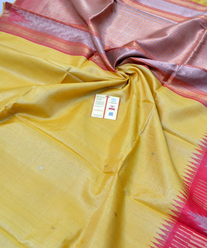 Yellow pink handwoven kosa tussar silk saree