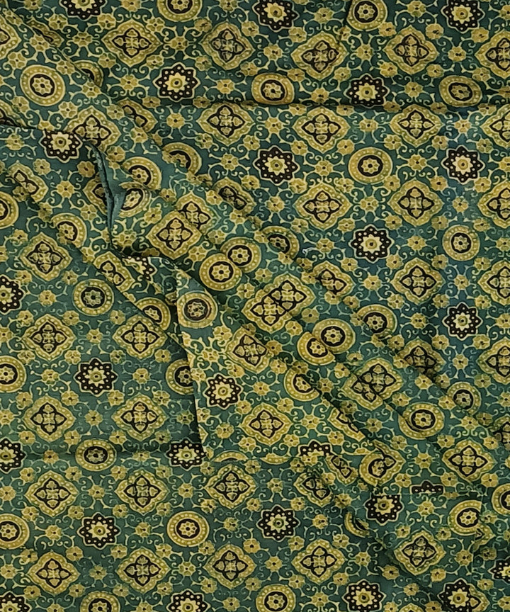 2.5m Green yellow ajrakh print hand spun handloom cotton kurta fabric