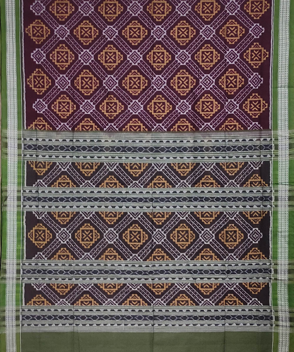 Deep brown olive green handwoven cotton sambalpuri saree