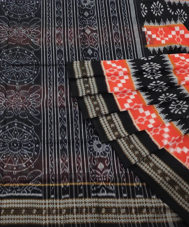 Orange black handwoven cotton sambalpuri saree