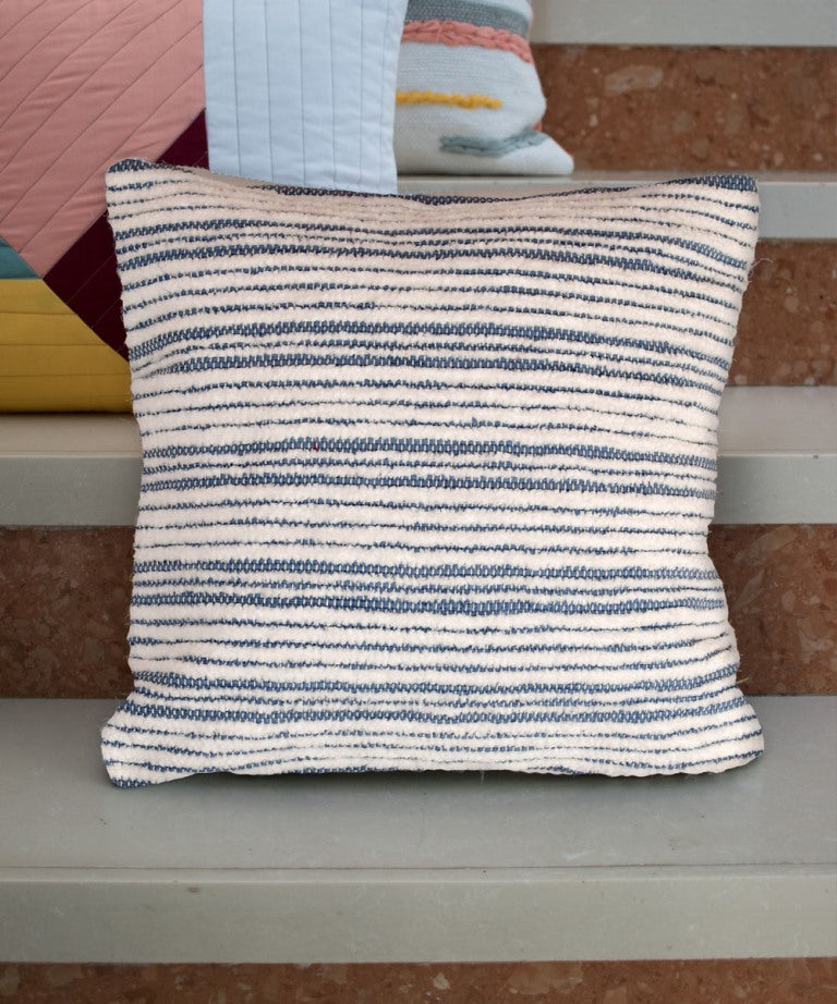 Sky blue white stripes handwoven cotton cushion cover