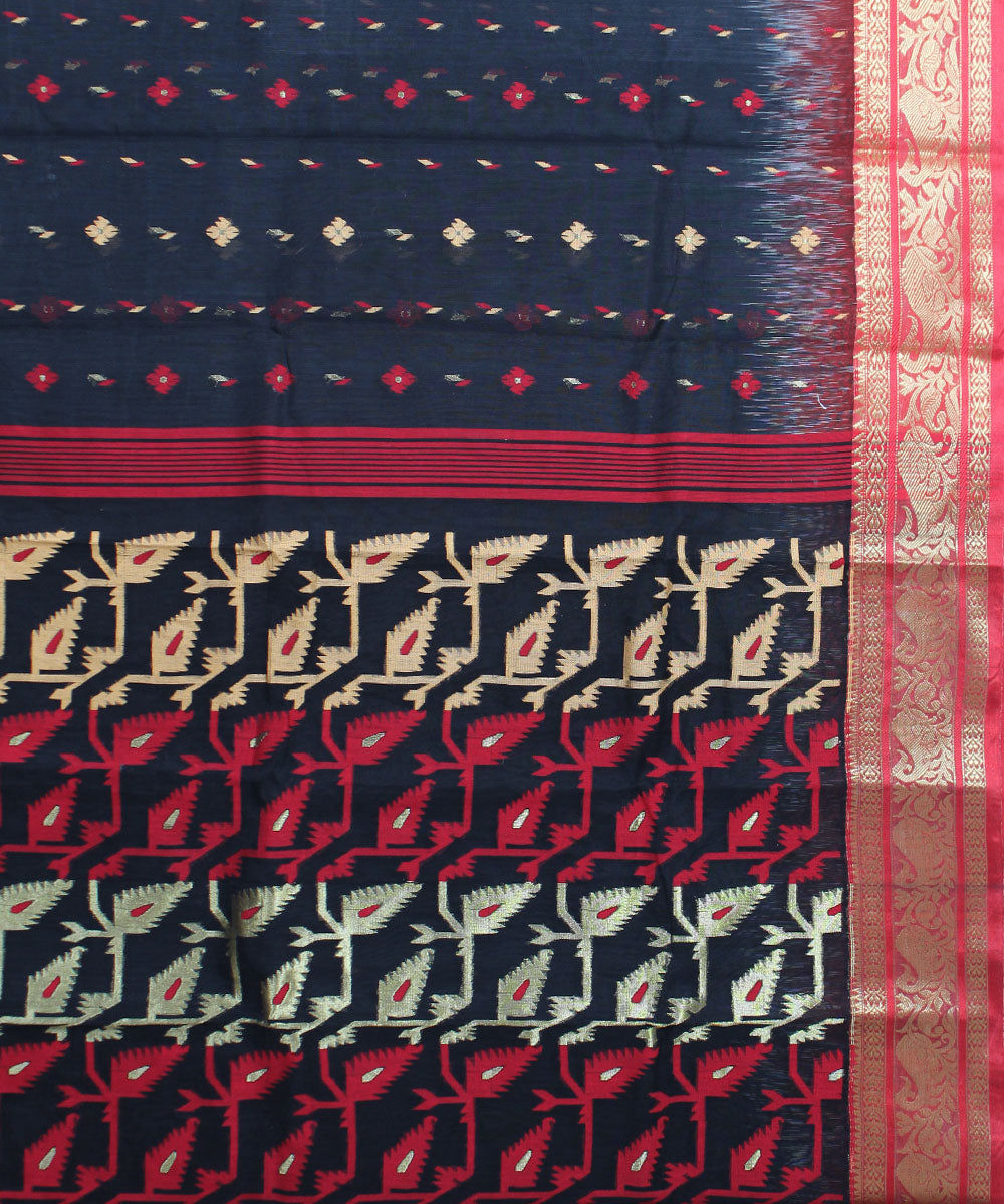 Black Grey Red Bengal Handwoven Cotton Saree