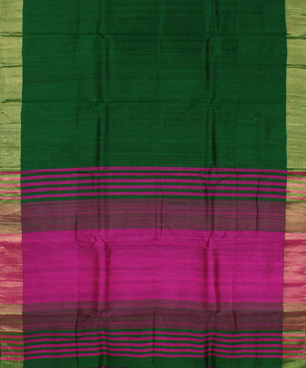 Dark green pink cotton handwoven karnataka raw silk saree