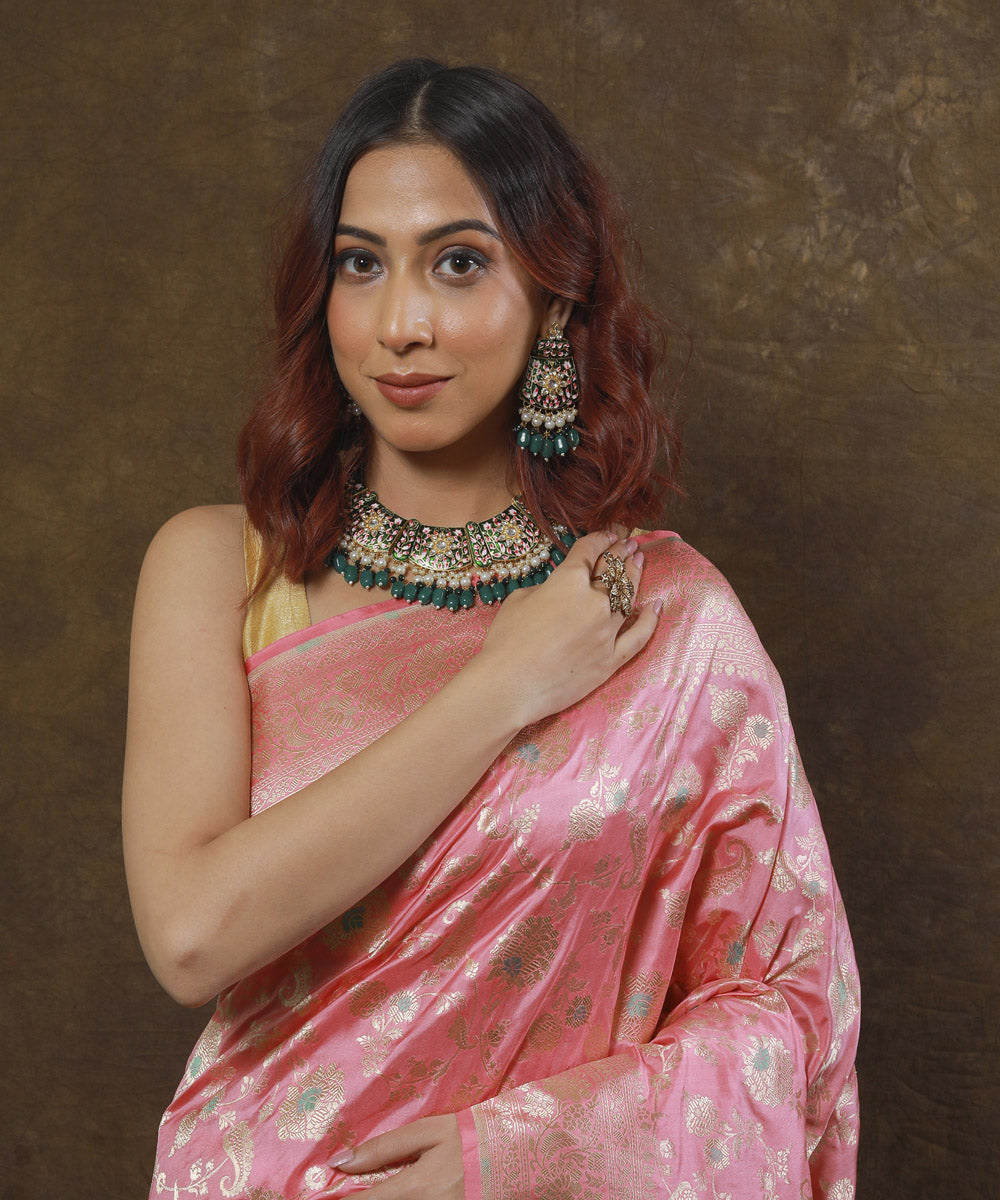 Baby pink silk handloom banarasi saree