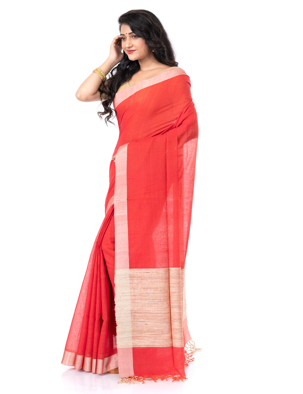 Orange handloom bengal cotton tangail saree