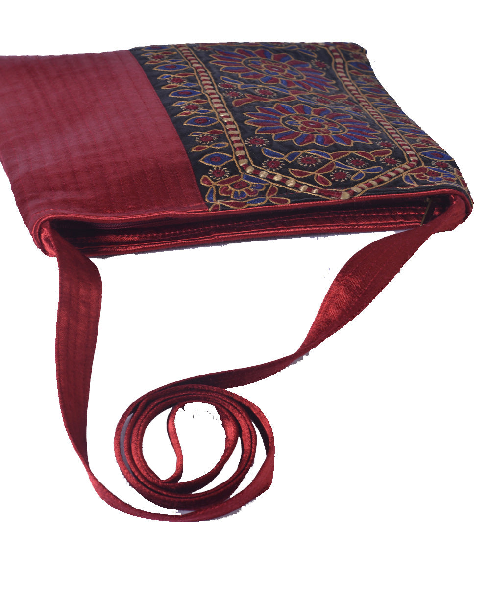 Maroon blue hand embroidered mashroo cross body bag
