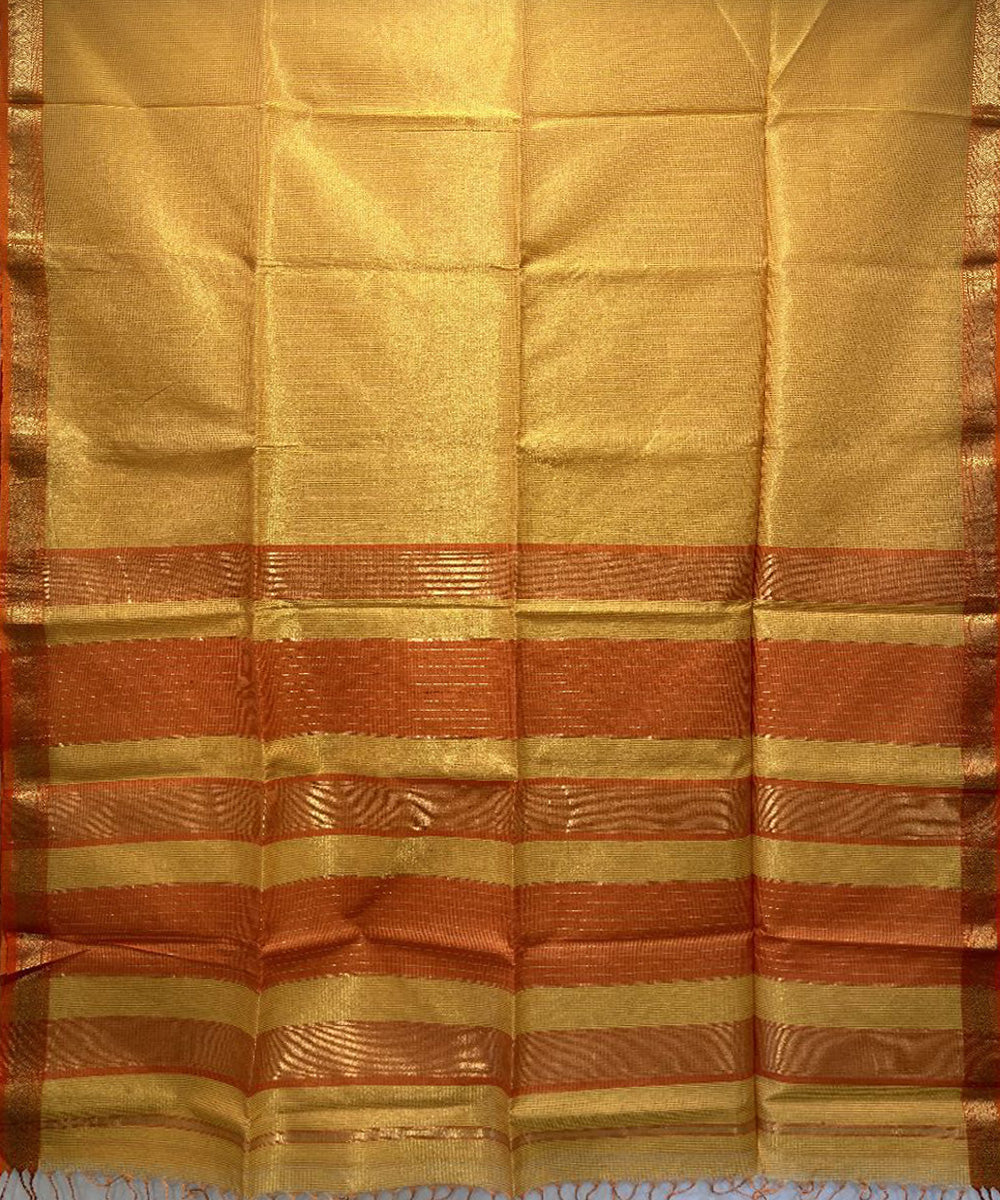 Cream orange handwoven cotton silk maheshwari saree