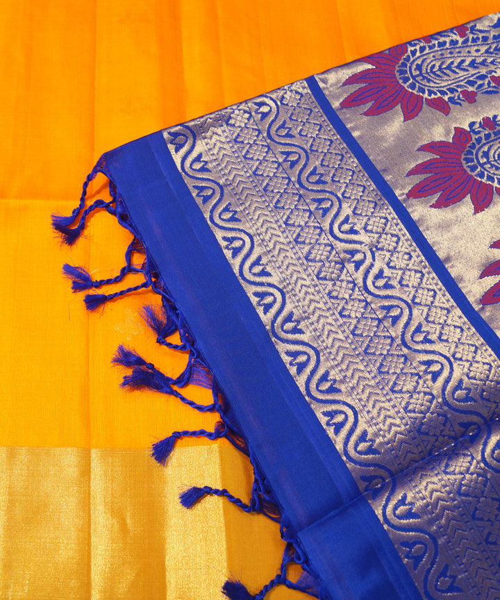 Yellow and Navy Blue Handloom Soft Silk Saree