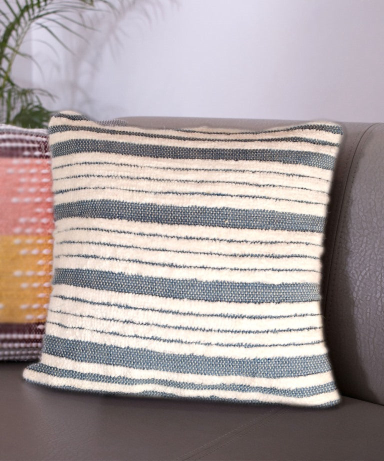 Blue white handwoven stripes cotton cushion cover