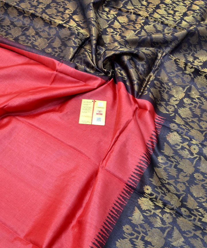 Red black handwoven kosa tussar silk saree