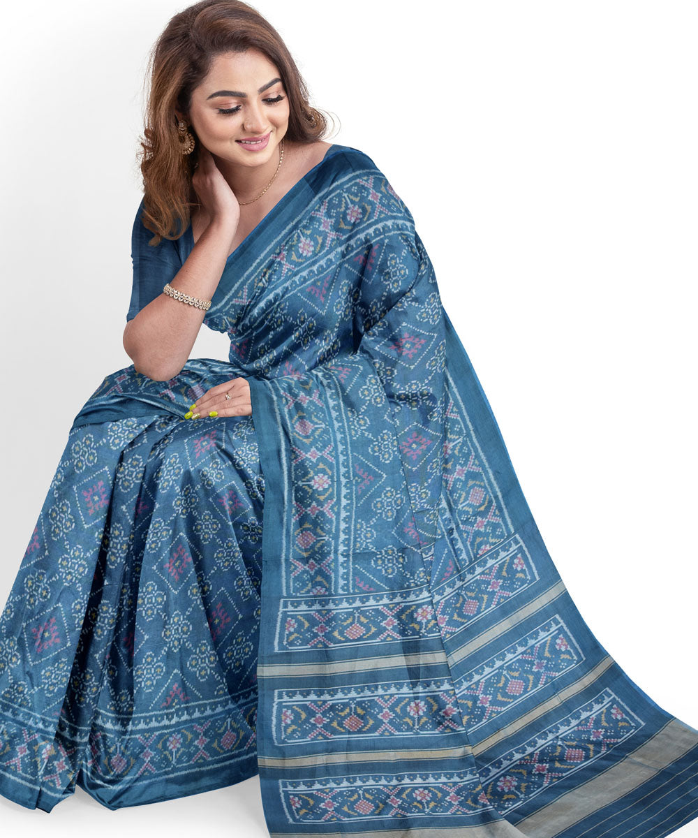 Blue hand woven cotton patola saree