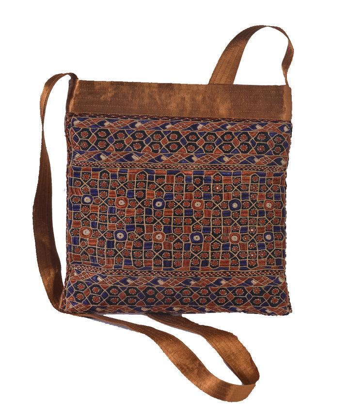 Brown blue hand embroidered mashroo cross body bag