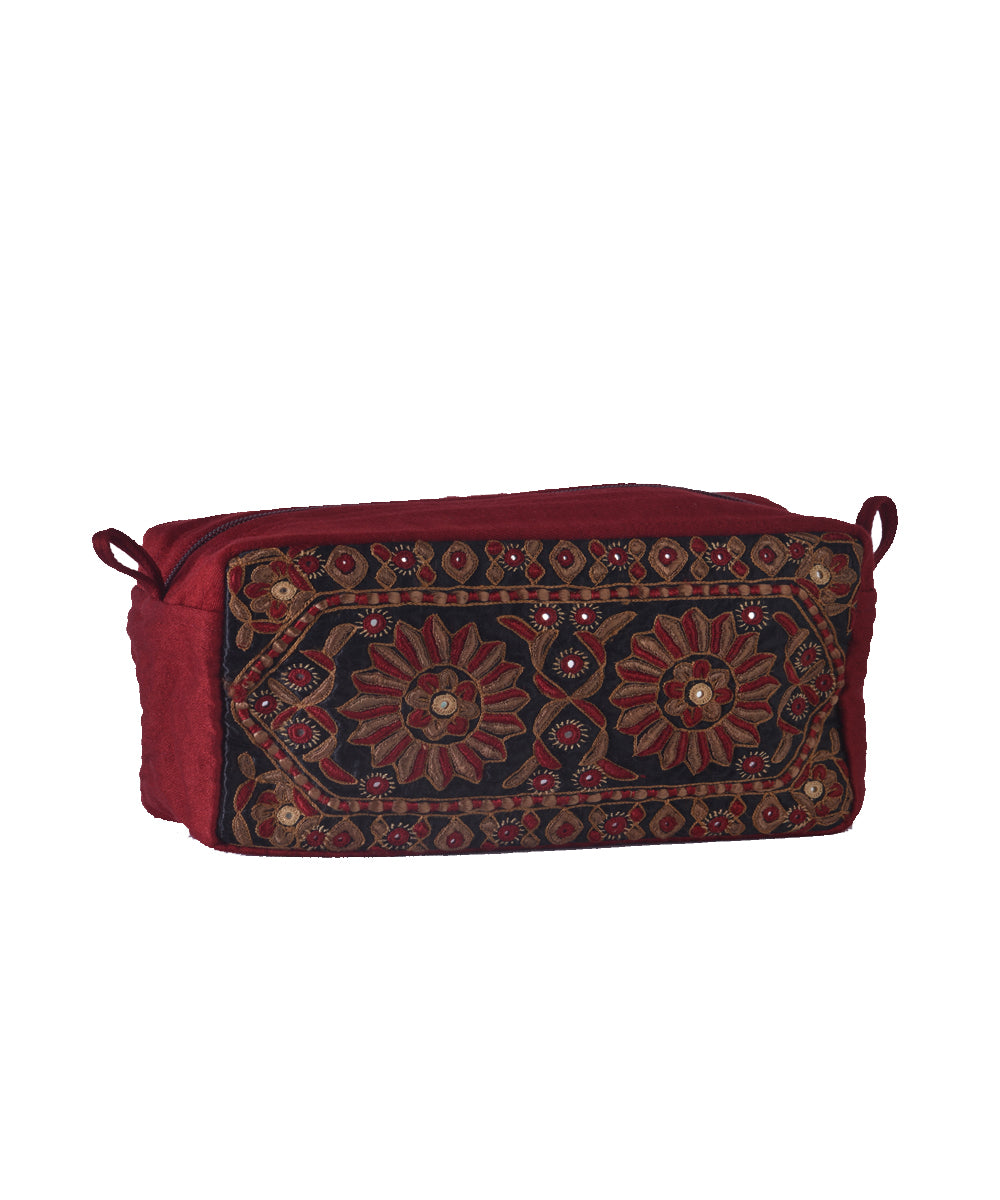 Maroon multicolor kutchy hand embroidery cotton travel pouch