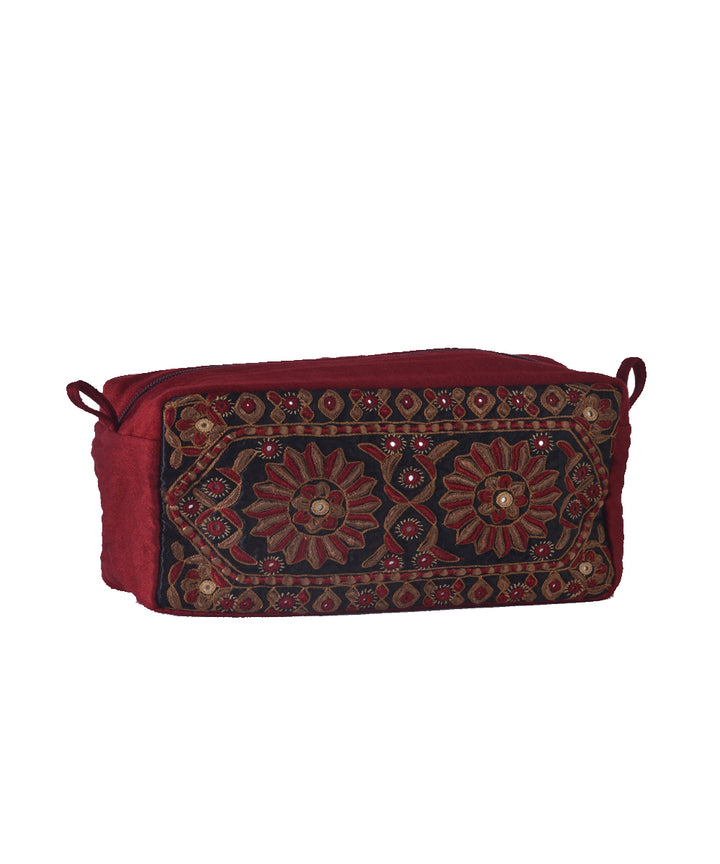 Maroon multicolor kutchy hand embroidery cotton travel pouch