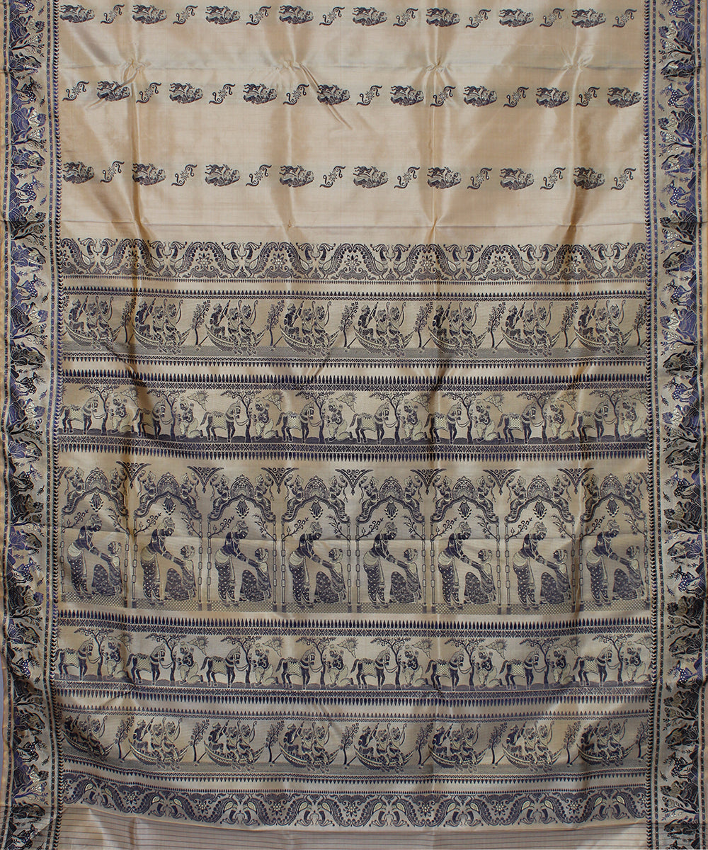 Beige and black handwoven silk baluchari saree