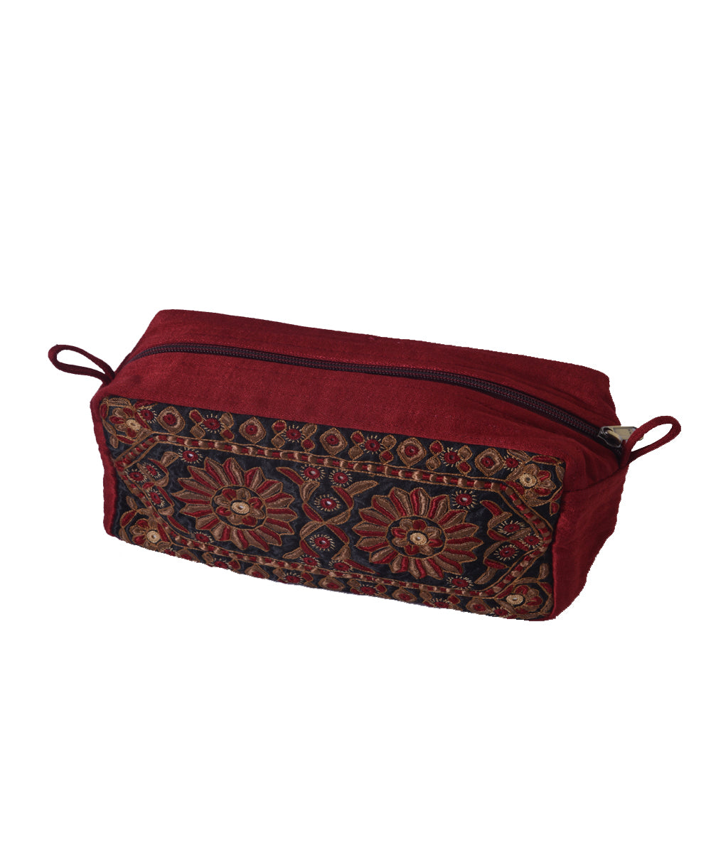Maroon multicolor kutchy hand embroidery cotton travel pouch