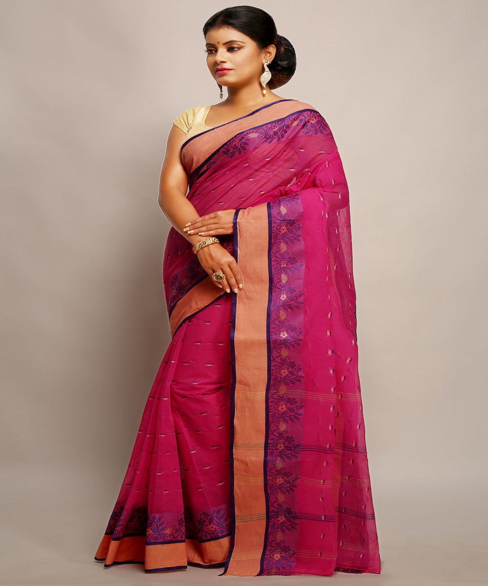 Pink handloom tangail tant cotton bengal saree