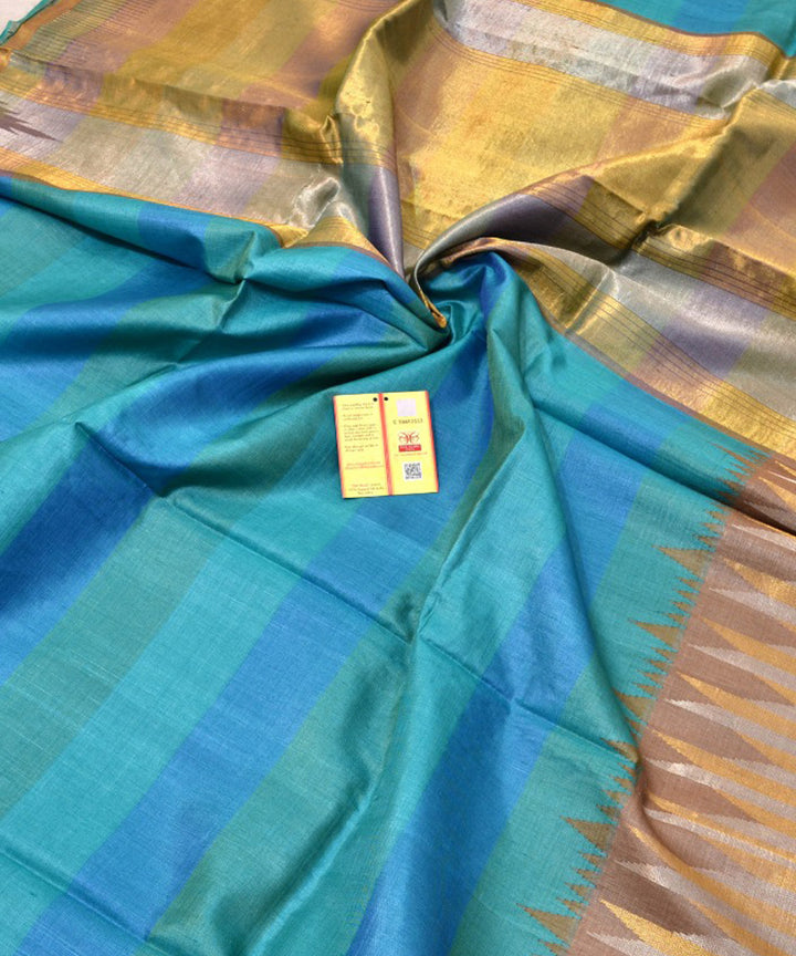Cyan blue cyan green handwoven kosa tussar silk saree
