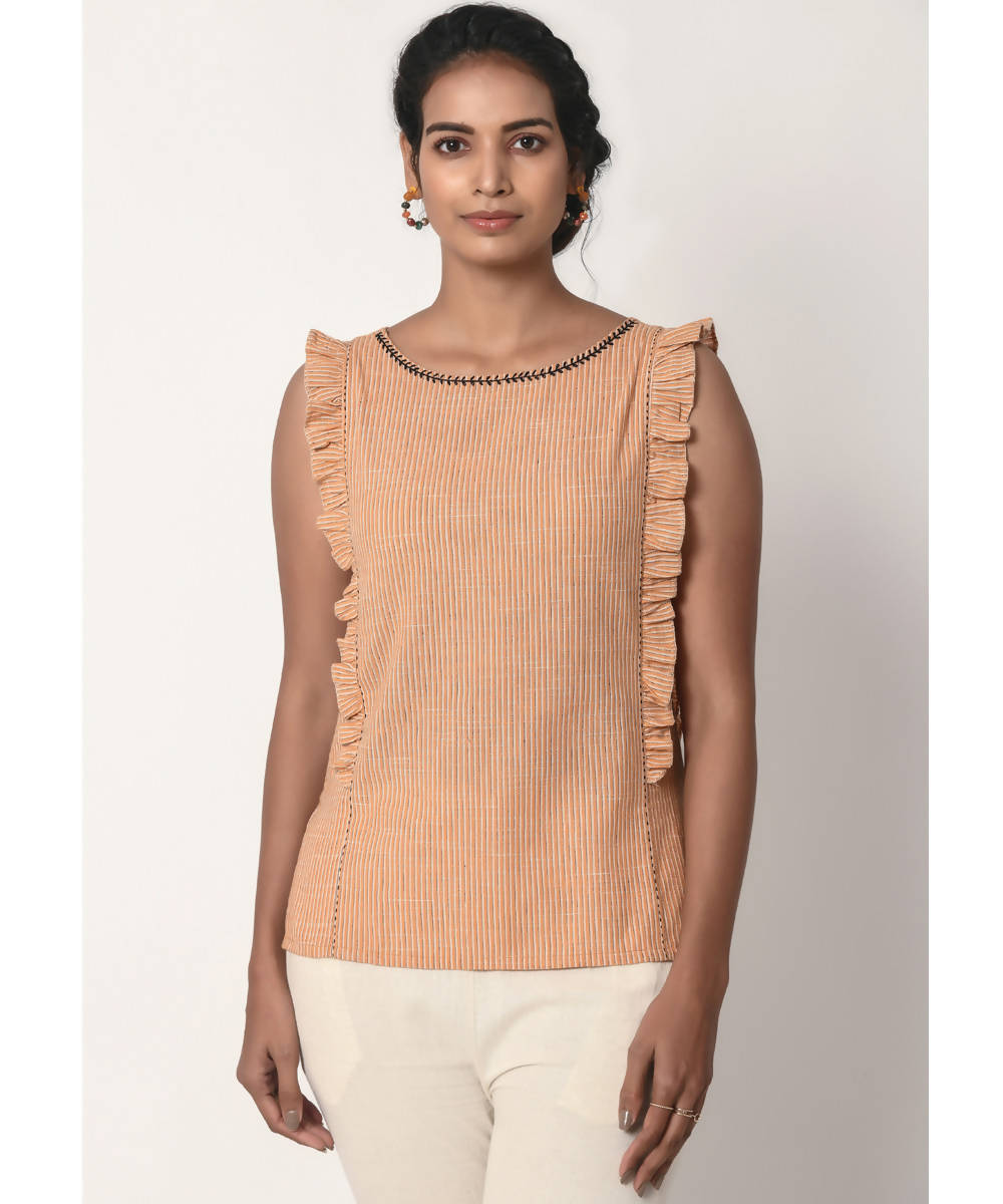 Orange Stripe Hand Embroidered Cotton Frill Top