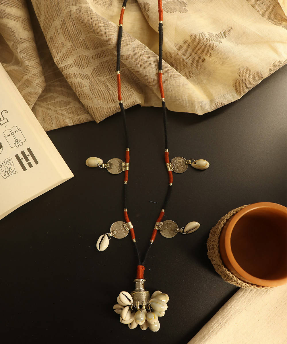 Boho repurposed metal and cowry necklace with fine thread wrapping