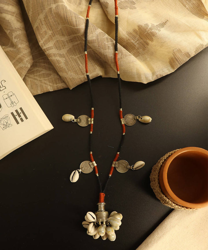 Boho repurposed metal and cowry necklace with fine thread wrapping