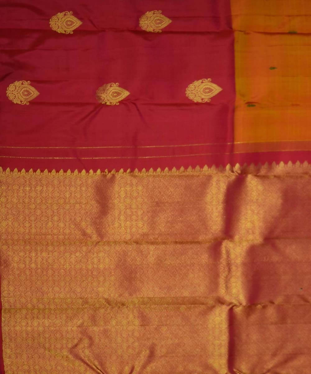 Mustard Maroon Floral Motif Dharmavaram Silk Saree