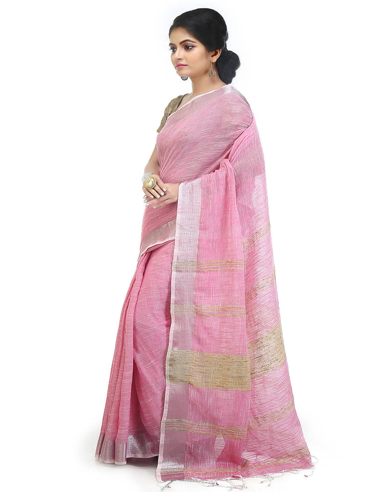 Deep pink handloom bengal cotton and linen saree