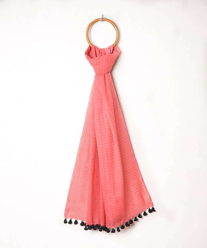 Handwoven pink checks fulia cotton stole with pom pom tassels