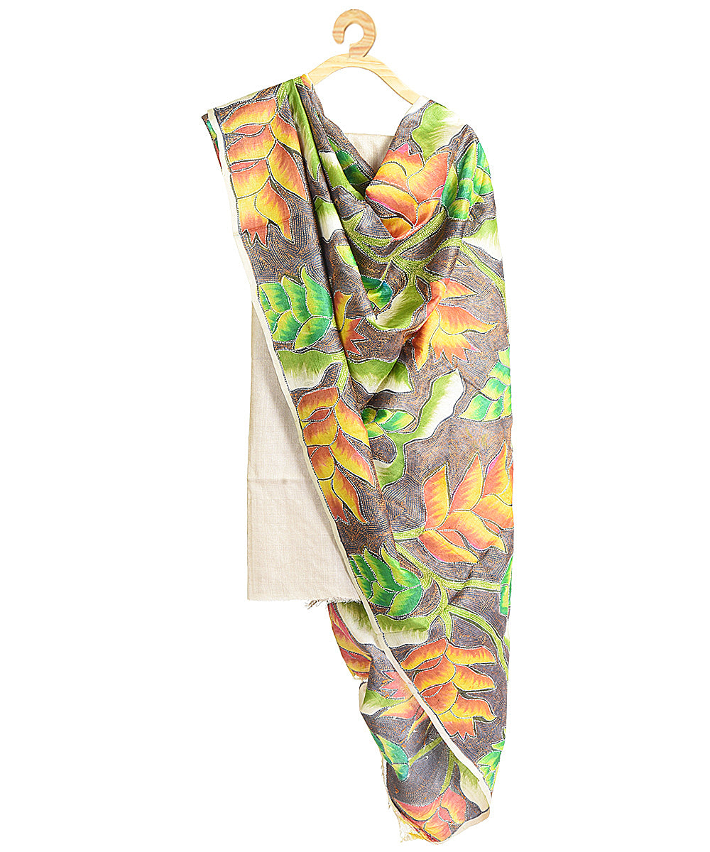 Multi color hand embroidery tussar silk dupatta