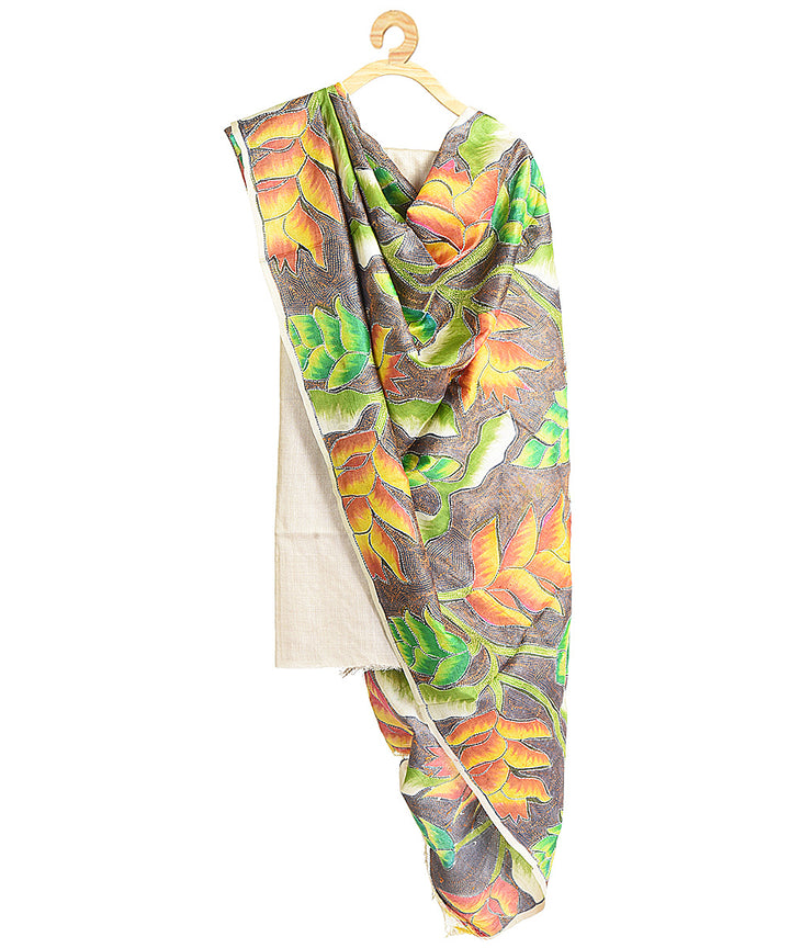 Multi color hand embroidery tussar silk dupatta