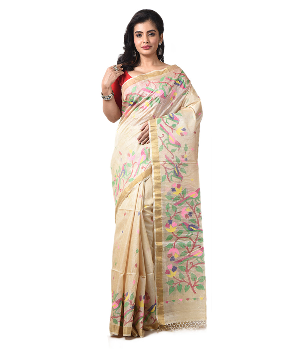 Beige multicolor handwoven tussar silk bengal jamdani saree