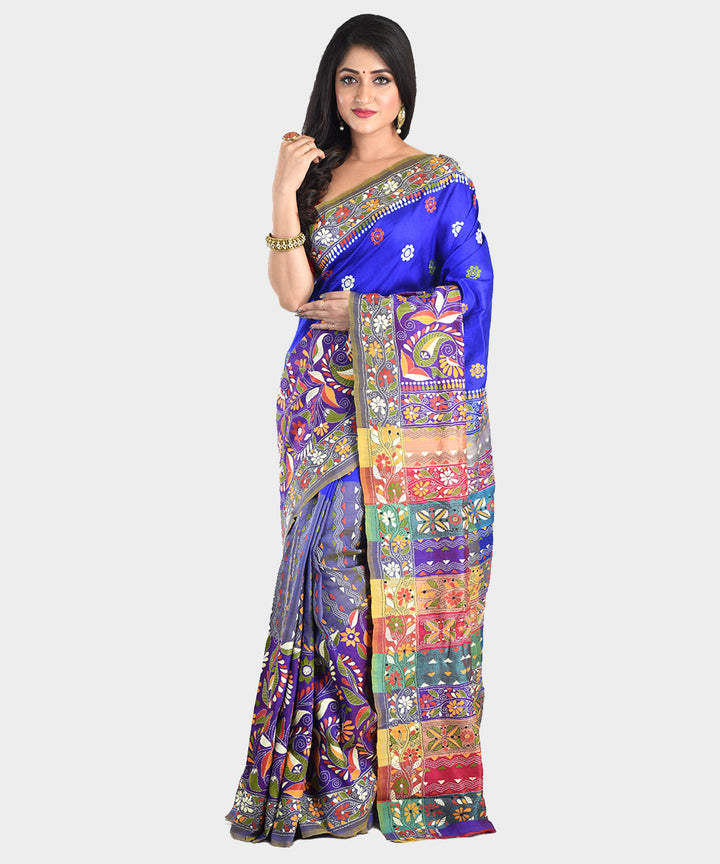 Navy blue hand embroidery kantha stitch silk saree