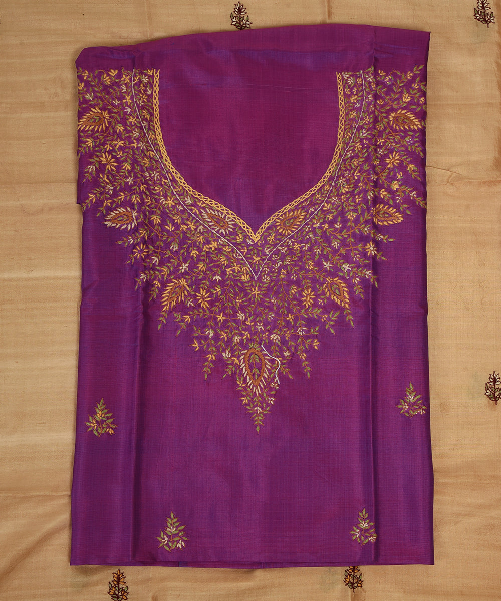 2pc Purple beige handwoven mulberry silk dress material with dupatta