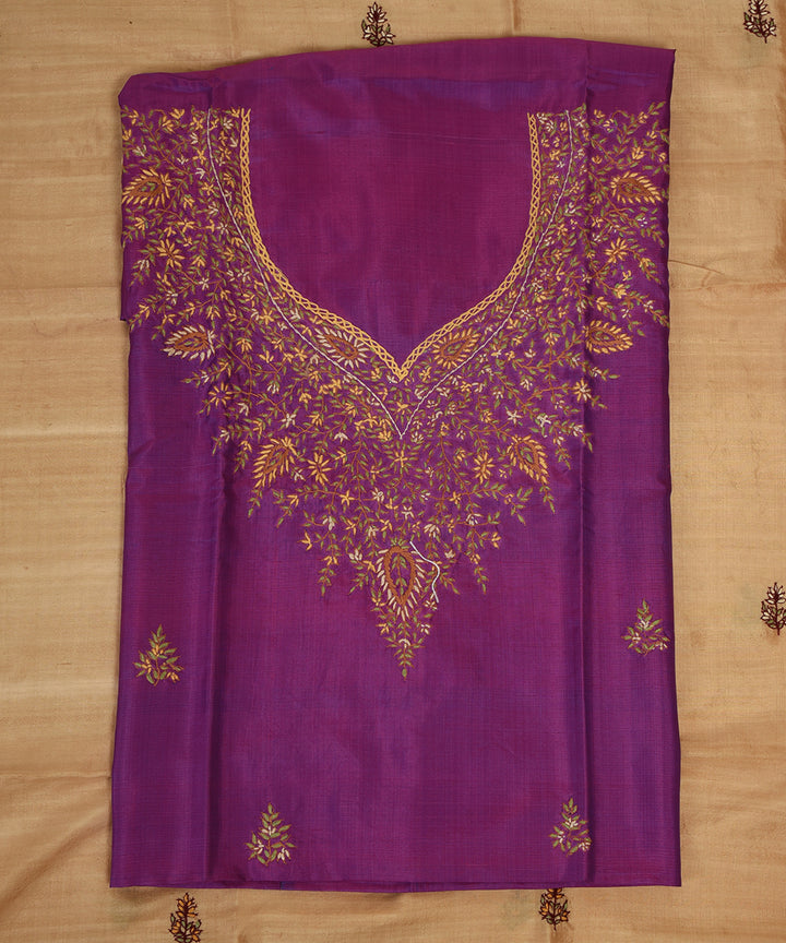 2pc Purple beige handwoven mulberry silk dress material with dupatta