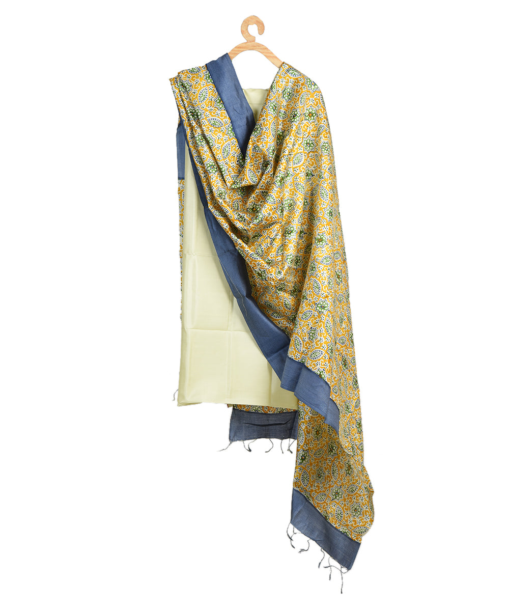 Yellow grey bengal hand block printed silk dupatta