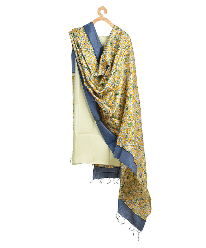 Yellow grey bengal hand block printed silk dupatta