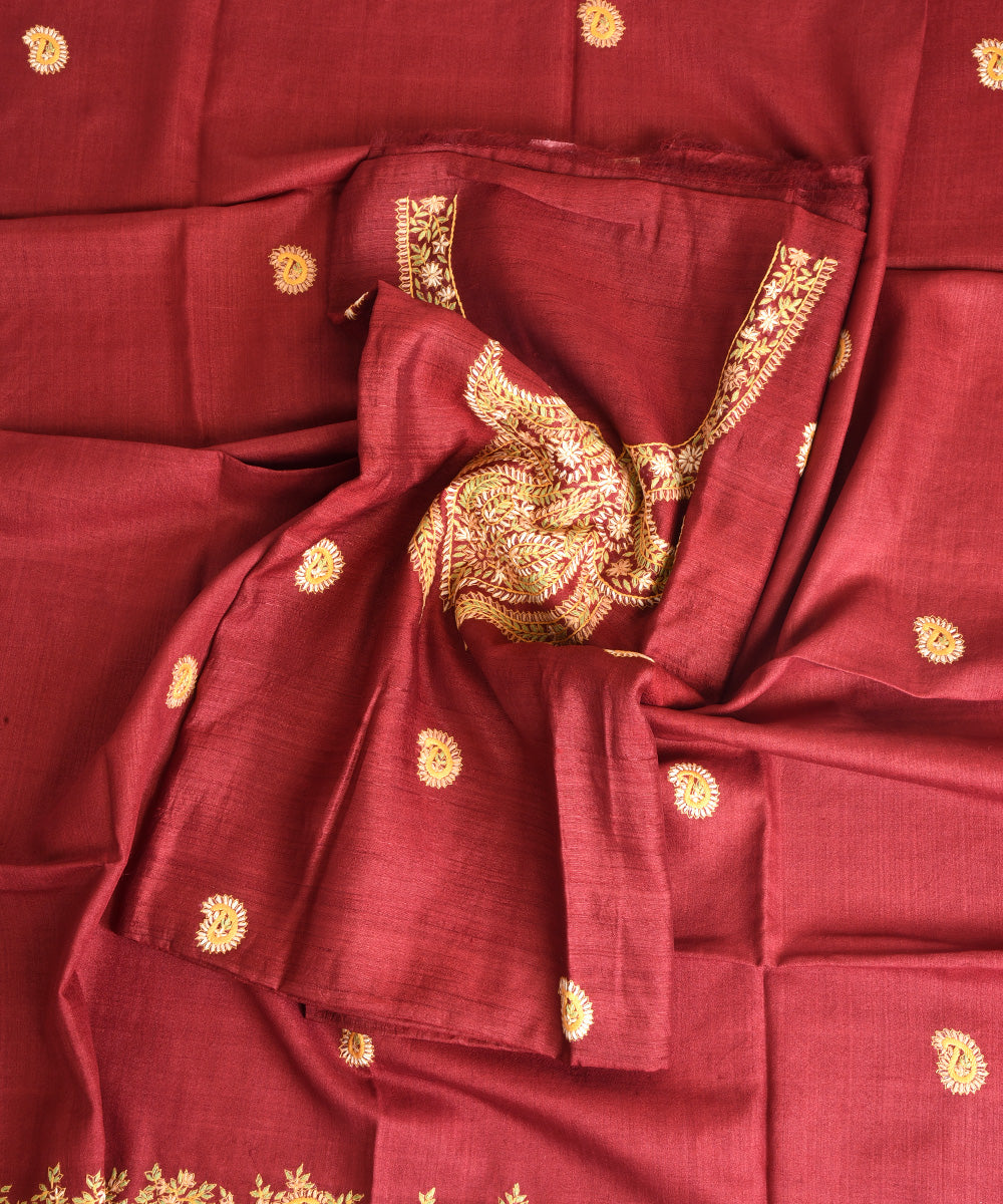 2pc Maroon hand embroidery tussar silk dress material