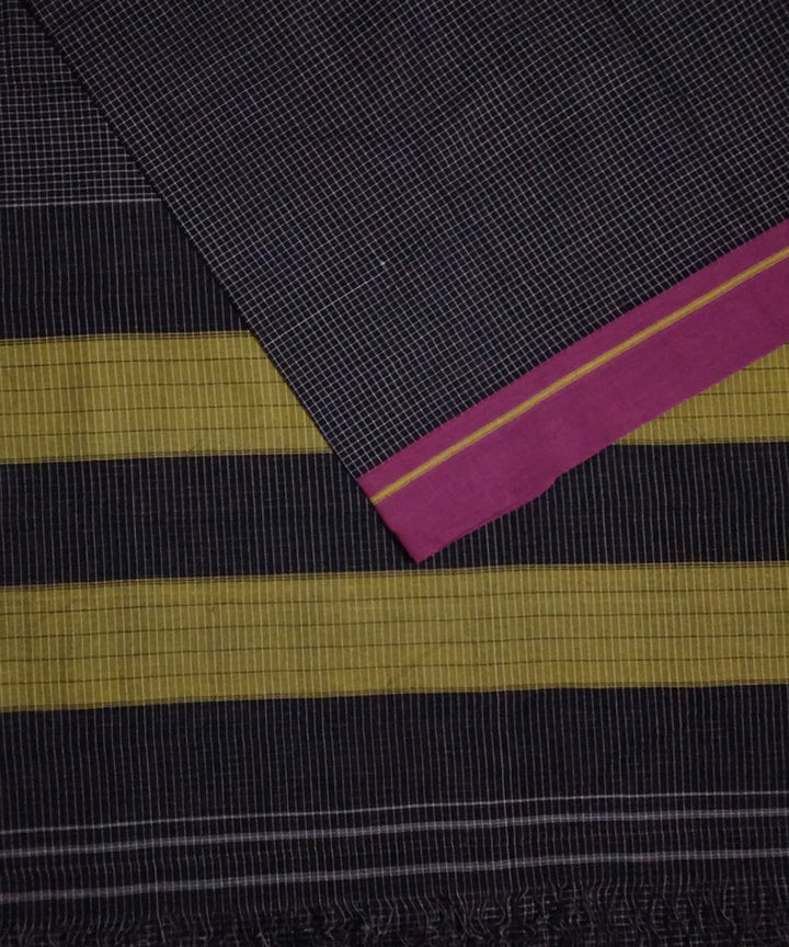 Black checks mustard pink border handwoven cotton patteda anchu saree