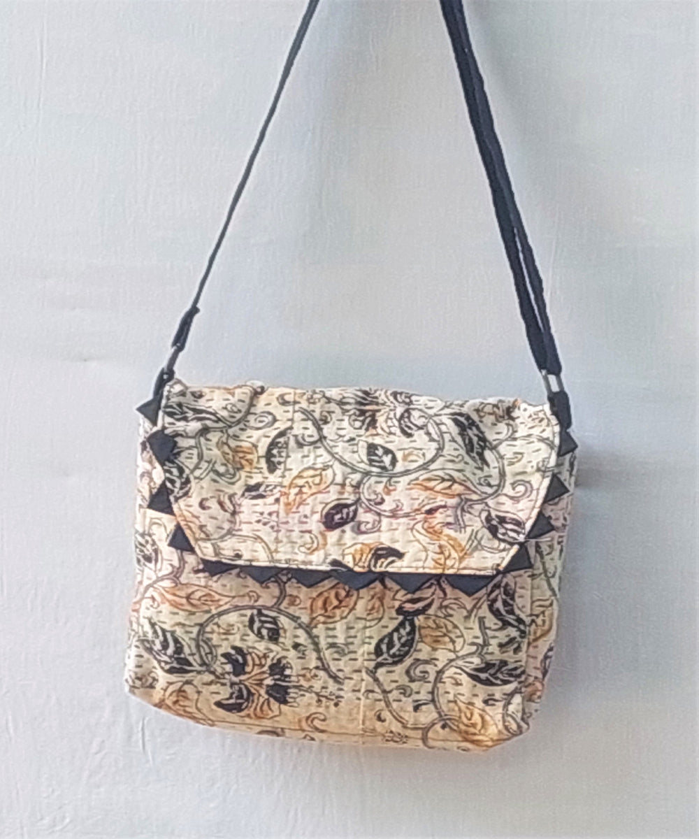 Off white handcrafted kantha work cotton sling bag