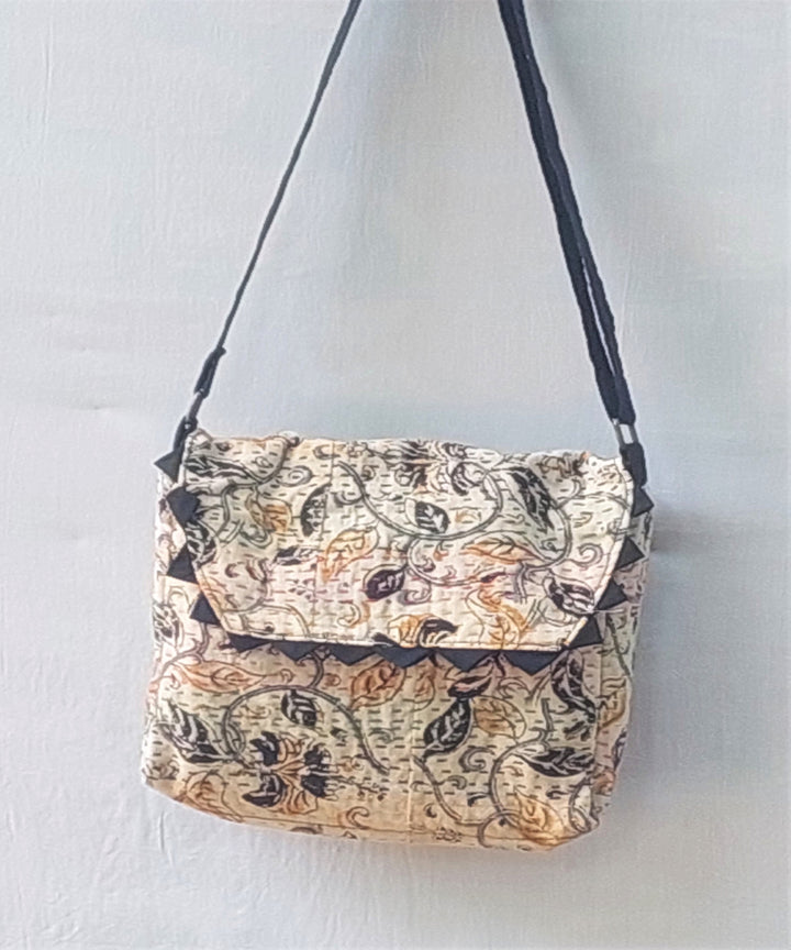 Off white handcrafted kantha work cotton sling bag