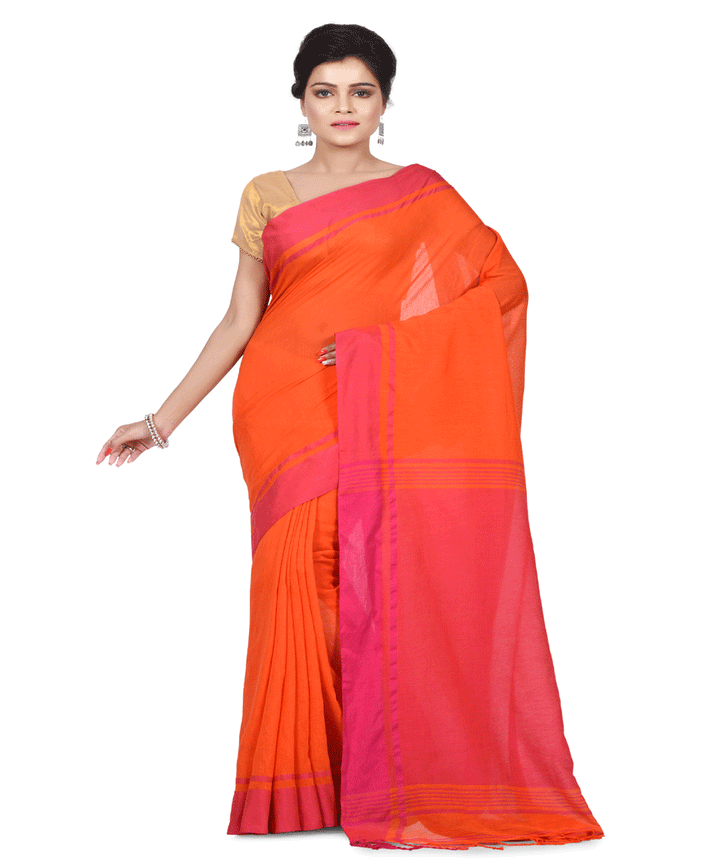 Handwoven Orange and Pink Bengal Cotton Saree
