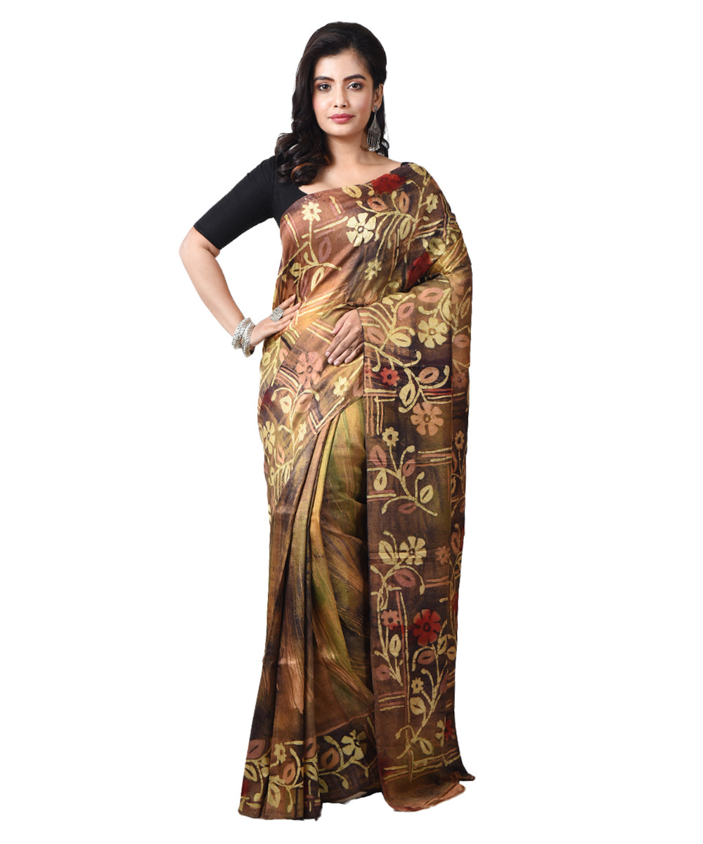 Brown handloom bengal silk batik print saree