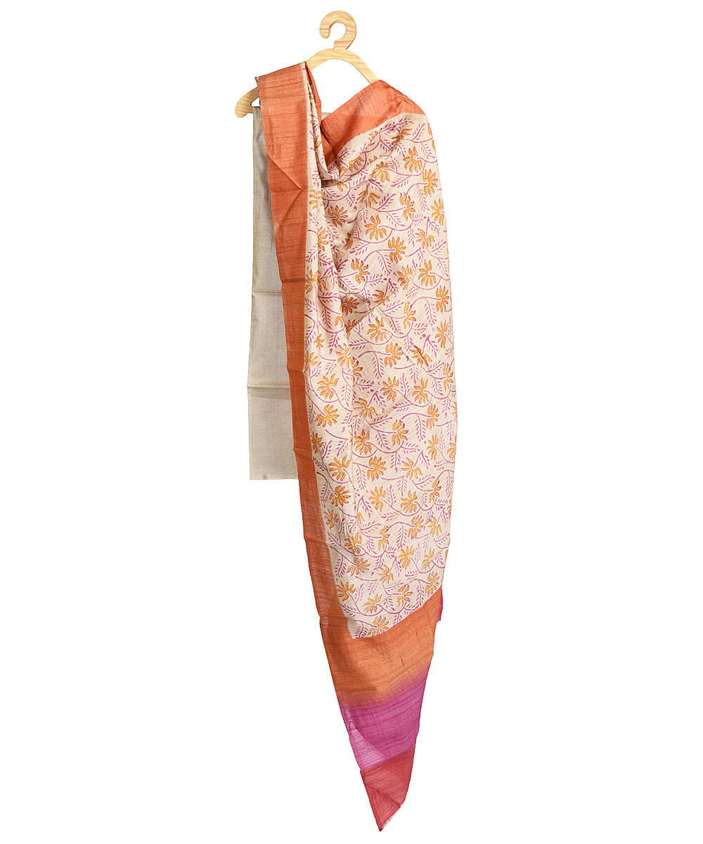 Orange beige hand block print tussar silk dupatta