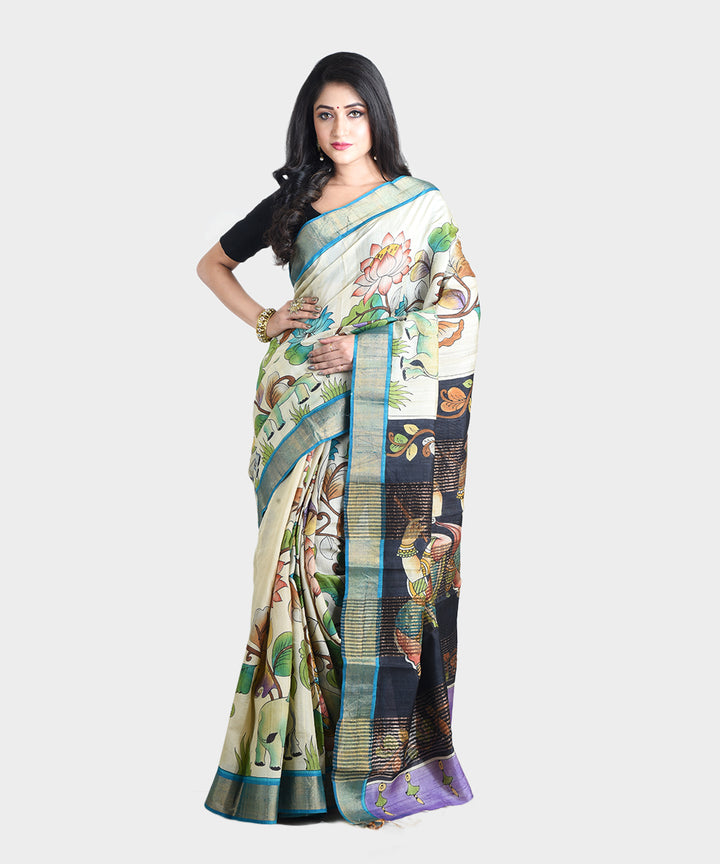 Beige hand painted kalamkari tussar silk saree